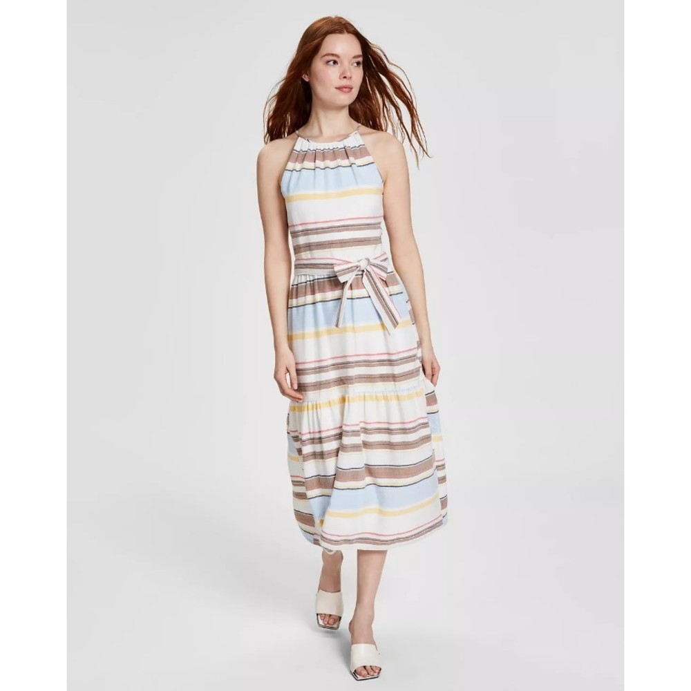 DKNY Women’s Cotton Halter-Neck Midi Belt Dress Ivory Multicolor Size 4 NWT $139